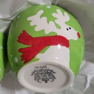 Set of 2 Rudolph Reindeer Holiday Hand Painted Serving Bowls
